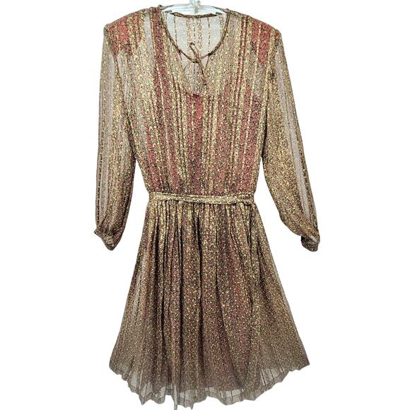 Piero Lannelli for Chin Vintage Silk Floral Metallic Stripe Sheer A Line‎ Dress - Picture 1 of 10